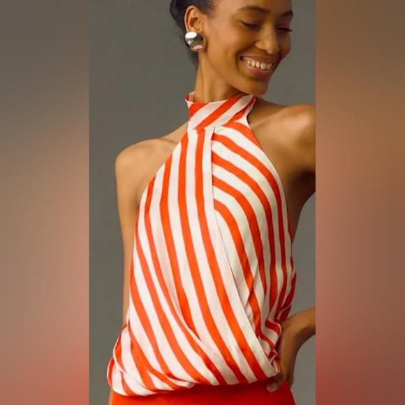 Anthropologie Maeve Halter Top Scarf Bubble-Hem Tank Red and White Strip… - Picture 3 of 9
